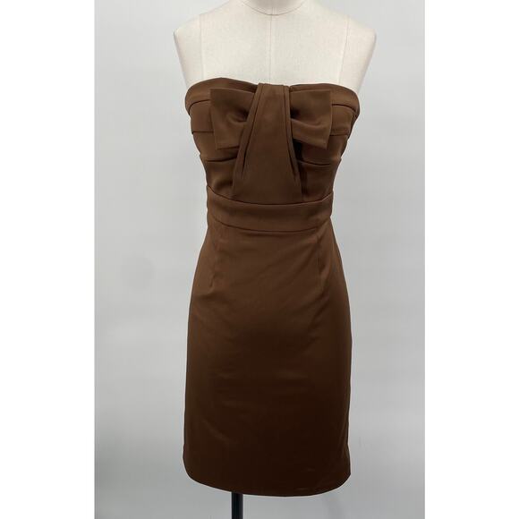 Vintage Y2k BCBG Mini Dress Strapless Bow Bodice Bodycon Twill Brown Womens 0 - Picture 2 of 7